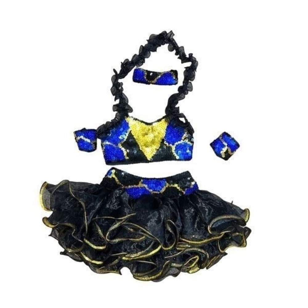 Kelle Halter Dance Costume Girls Medium CM Mock Neck 6pc Black Blue Gold Pageant